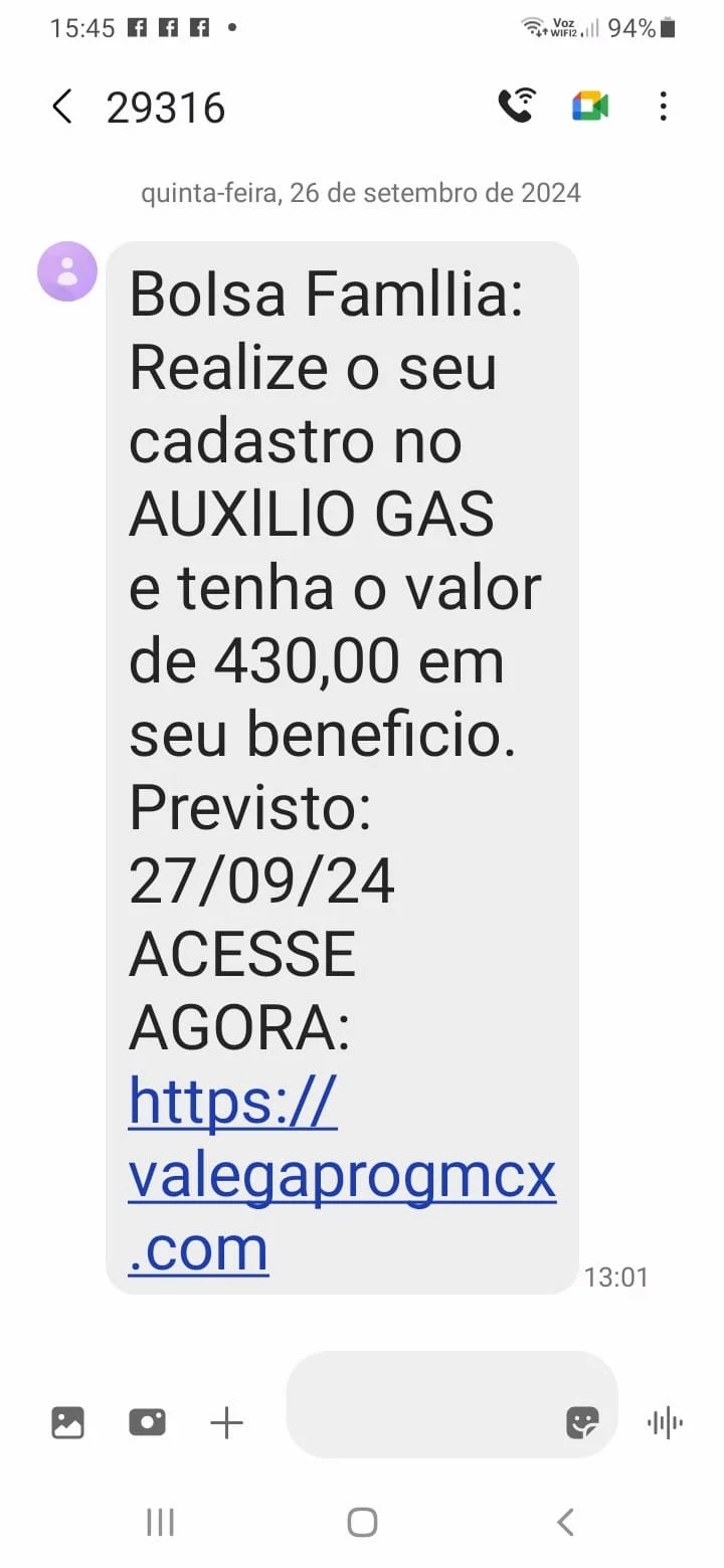 Mensagens do golpe recebido pelos Beneficiários do Bolsa Família.